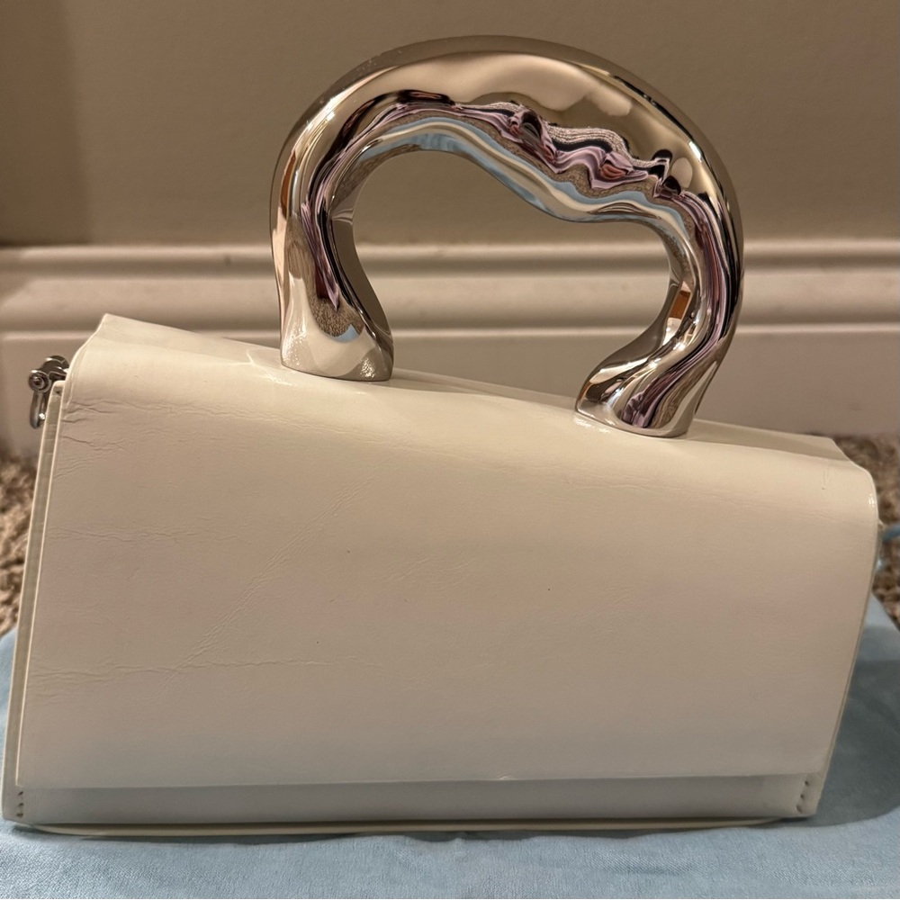Designed Silver Handle White Handbag